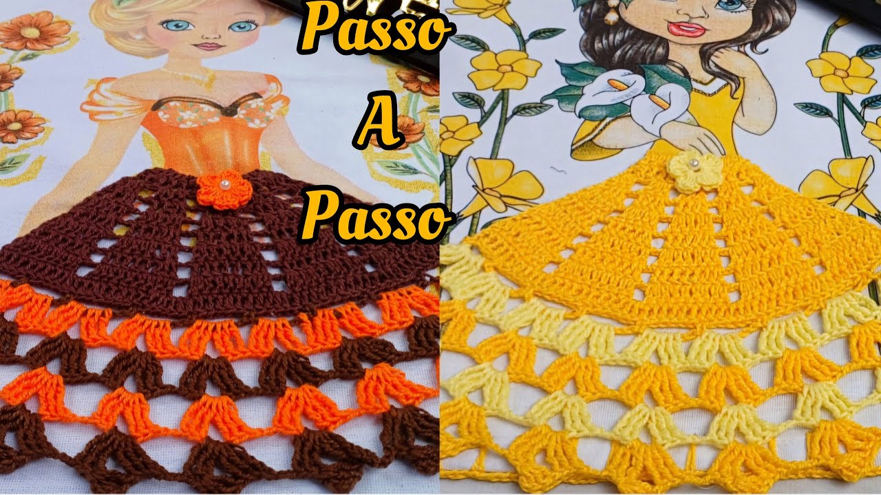 Sainha de crochê para boneca pintada no pano de prato Passo a passo #crochet #croche
