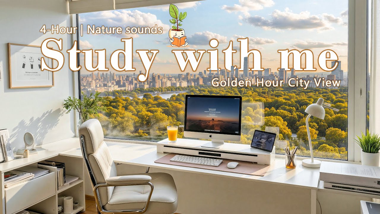 🌇 4-HOUR STUDY WITH ME | City View at Sunset 🎹 Calm Piano 🍃 Nature Sounds | 50/10 Pomodoro