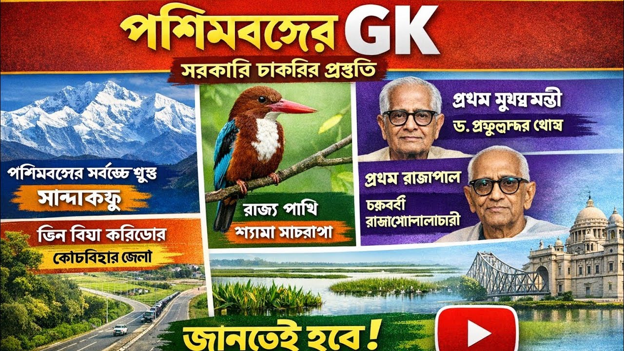 West Bengal GK MCQ 🔥 || পশ্চিমবঙ্গ রাজ্যের গুরুত্বপূর্ণ প্রশ্ন (120 MCQ) 🔥