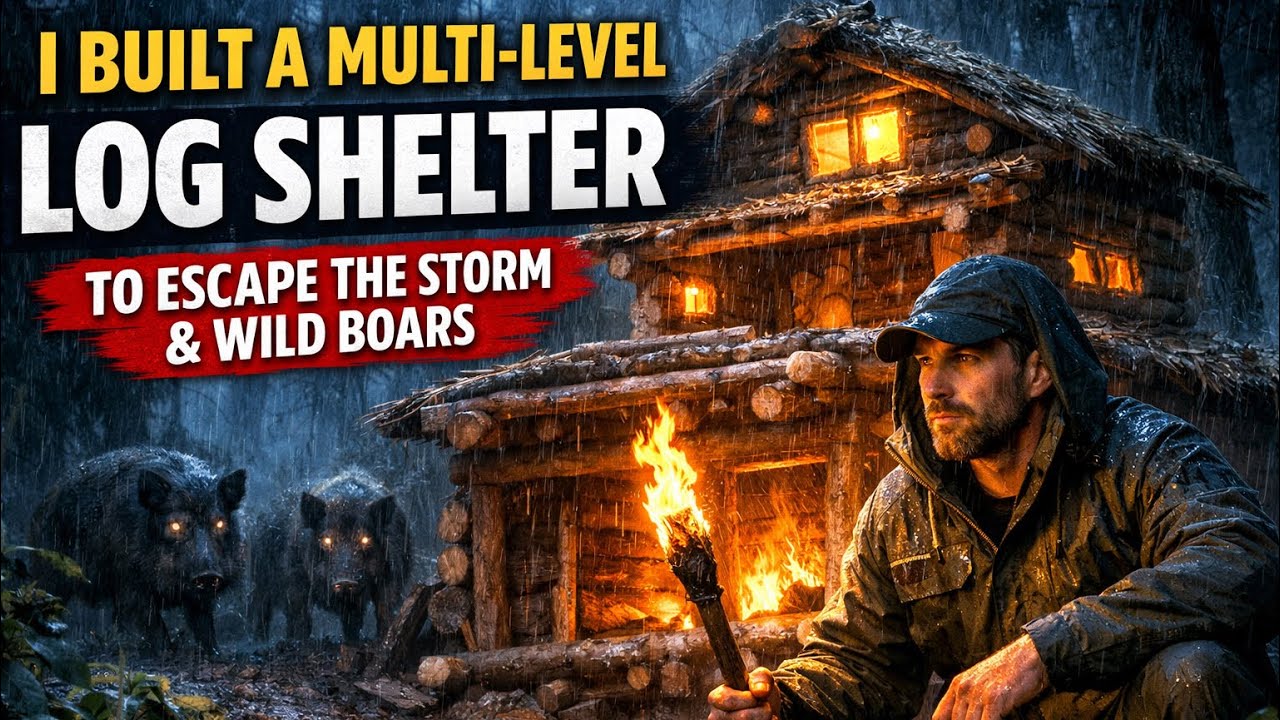 Survival Bushcraft: I Built a Multi-Level Log Shelter to Escape the Storm and Wild Boars