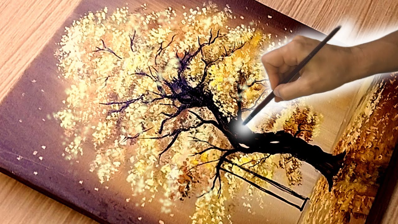 How to Paint a Glowing Tree/ Acrylic Painting Autumn Landscape step by step for beginners