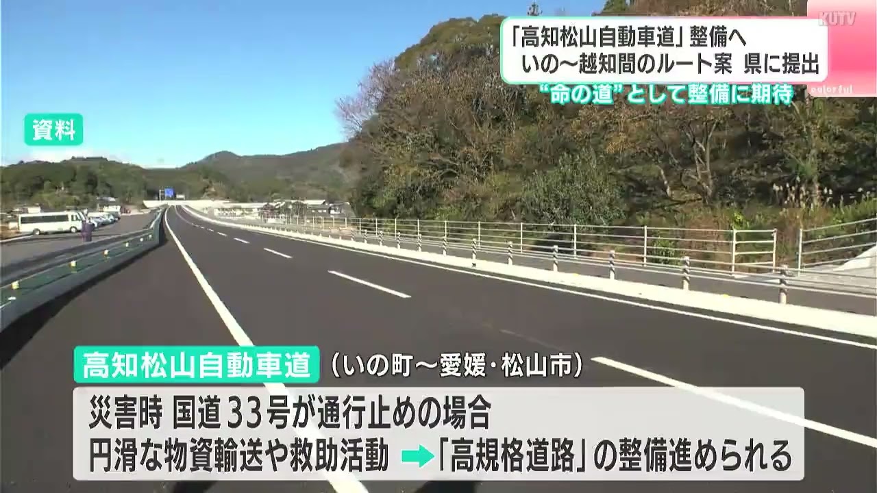 「高知松山自動車道」整備へ　いの～越知町間のルート案　四国地方整備局が高知県に提出　“命の道”として整備に期待