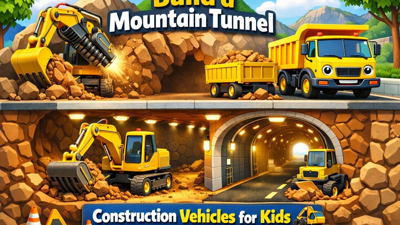 Build a Mountain Tunnel | Construction Vehicles Song for Kids
