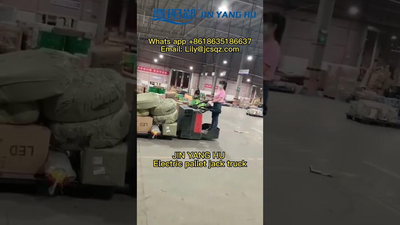 JIN YANG HU Full automatic powered Pallet truck jack rider, lady drives a pallet truck in warehouse