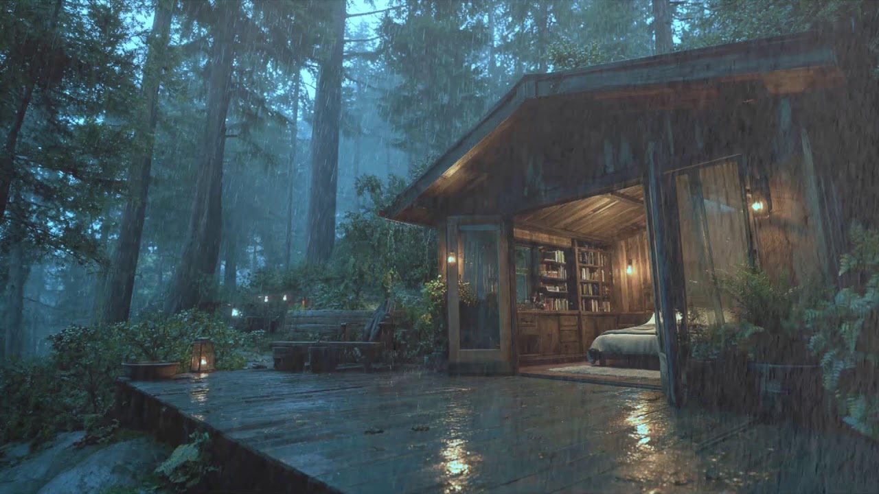 Heavy Rain on Wooden Deck in Forest Cabin | Soothing Rain Sounds for Sleeping