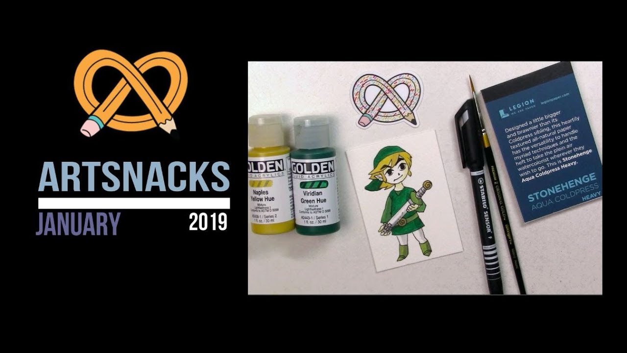 Artsnacks January 2019: art supplies unboxing, portrait demo - Link from Legend of Zelda cartoon