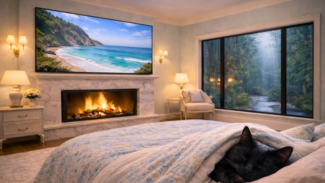 Luxury Cozy Bedroom 🌧️ Fireplace & Rainy Forest Night Ambience 4K | Surah Al-Kahf