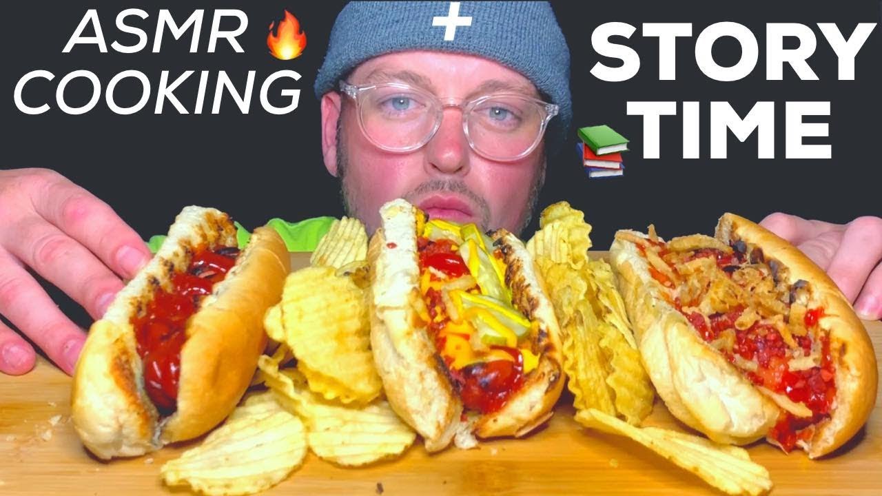 ASMR COOKING AND EATING HOT DOGS - STORYTIME