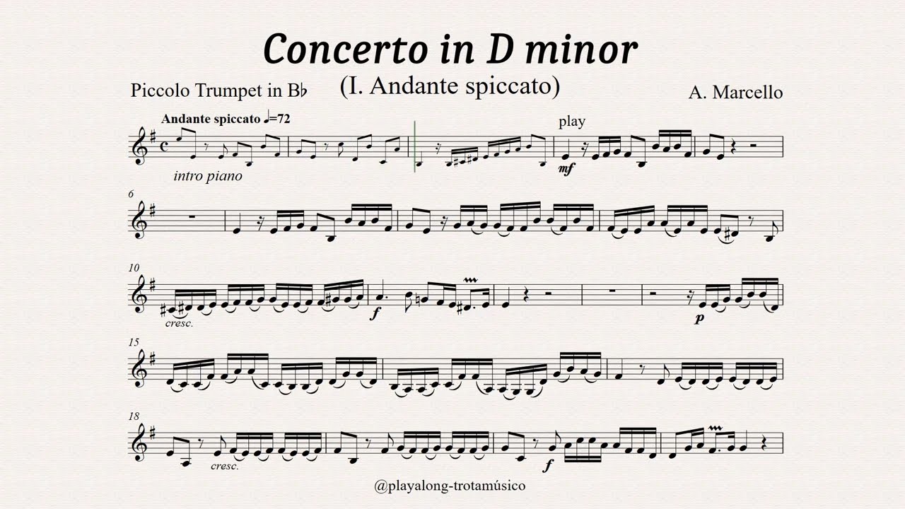 Marcello - Concerto in D minor (I Andante spiccato) for Piccolo Trumpet Bb - Sheet music & Playalong