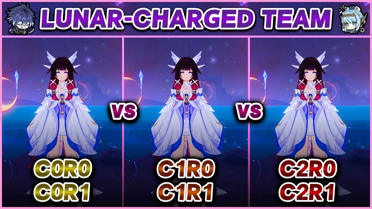 Columbina Constellation & Weapon Comparison | C0–C2 / R0–R1 | Lunar-Charged Team | Genshin Impact