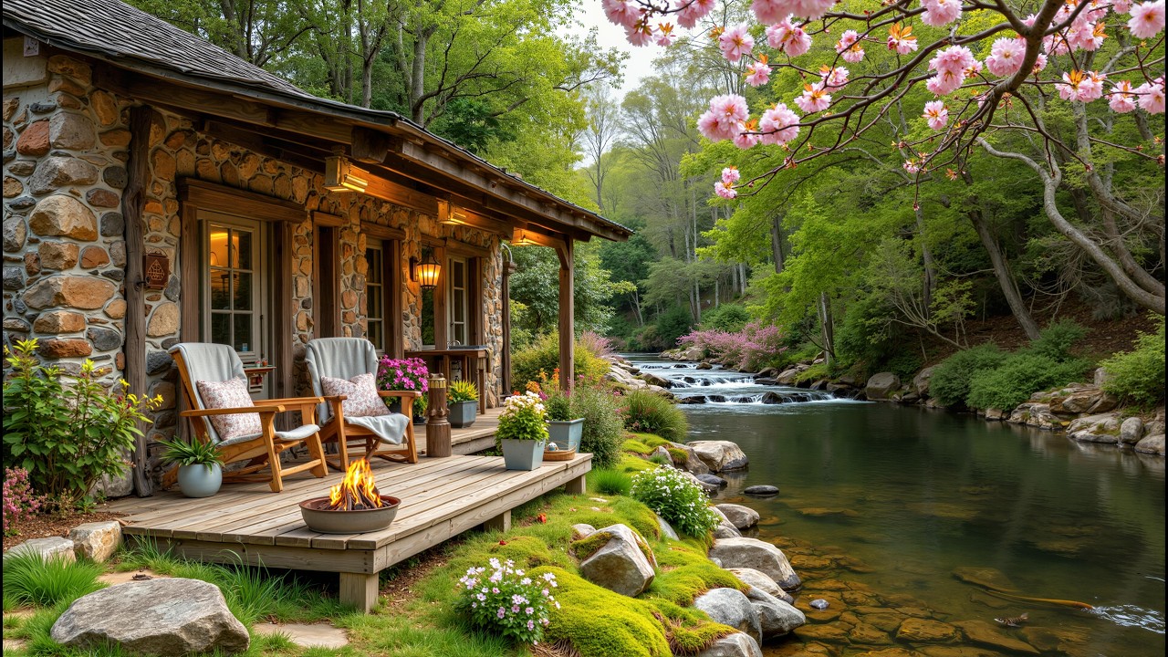Calm March Spring Morning at a Cozy Riverside Porch 🌸Soft Piano, Crackling Fire & Birdsong for Focus