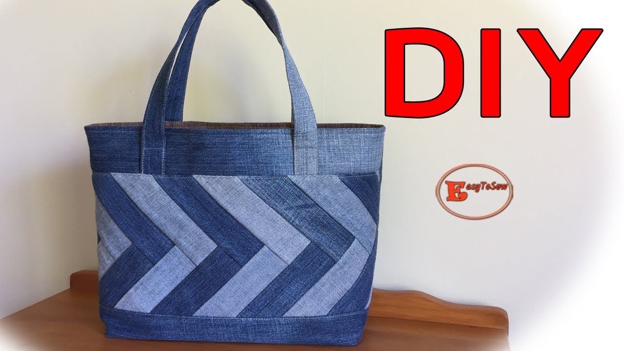 DIY DENIM CHEVRON TOTE BAG TUTORIAL | TOTE BAG FROM OLD JEANS | PATCHWORK JEANS BAG
