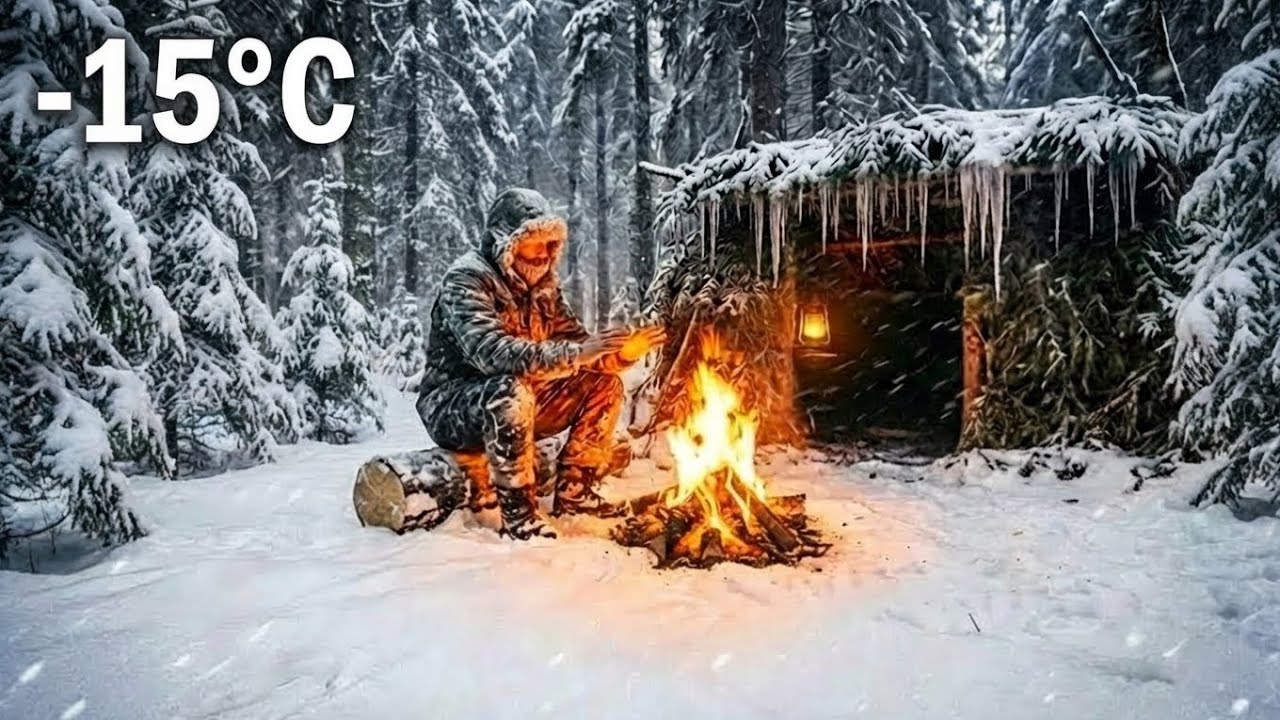 Solo Winter Bushcraft at -15°C (5°F) ❄️ | Primitive Survival Shelter & Fire in a Blizzard