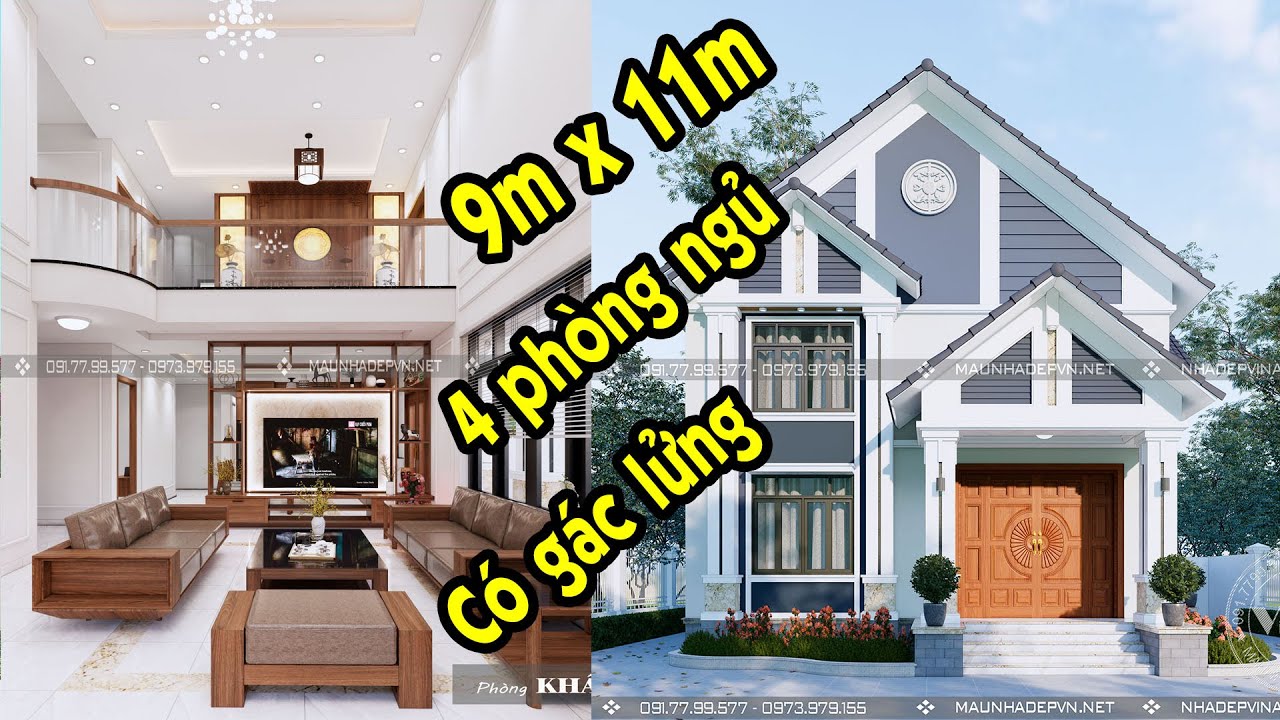 Mẫu nhà gác lửng mái thái phòng khách thông tầng siêu sang 9x11