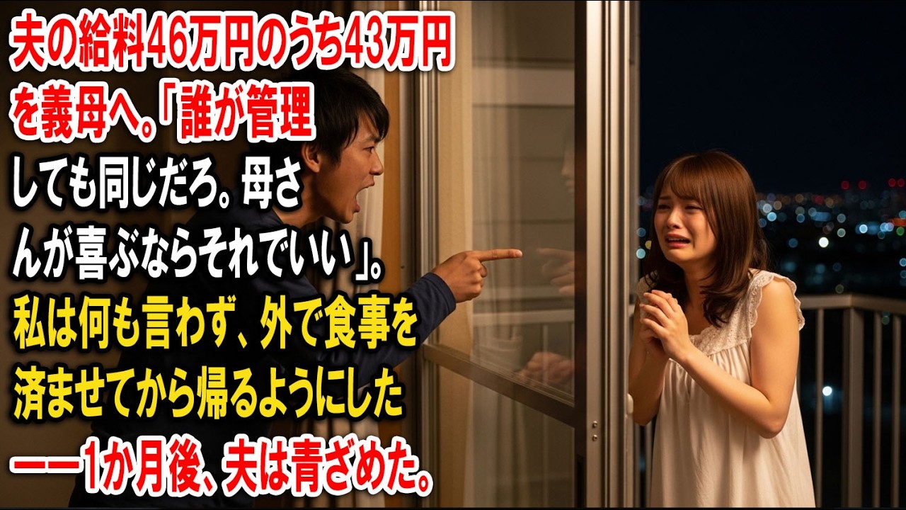 夫の給料46万円のうち43万円を義母へ。「誰が管理しても同じだろ。母さんが喜ぶならそれでいい」。私は何も言わず、外で食事を済ませてから帰るようにした――1か月後、夫は青ざめた。【静かな復讐】【家族の裏