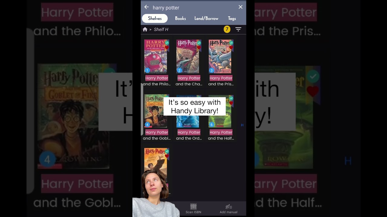Adding Harry Potter series to my book collection using Handy Library app.