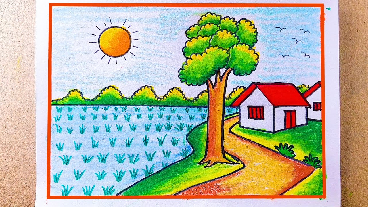 Beautiful Village Scenery Drawing with Oil Pastels | Easy Drawing And Painting Tutorial