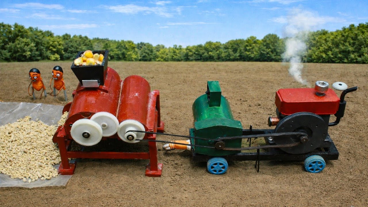 Tiny Peanut Man Feeds Animals Using Tractor & Corn Mill | Mini Farm Story