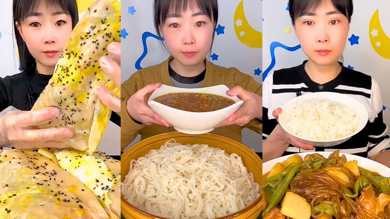 Sesame Flatbread, Wheat Noodles, Rice, and Glass Noodles Mukbang