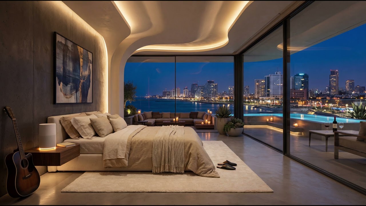 Calm Bedroom Vibes | Tel Aviv Early Night 🌙 Coastal City Lights & Soft Guitar Chill (3 Hours) | 4K
