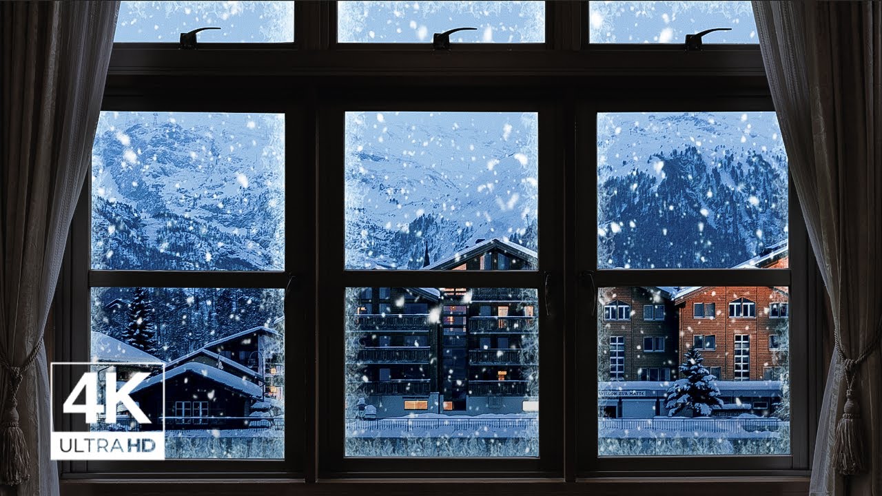 4K Winter town with snow window View - Relaxing, Calming, Ambience