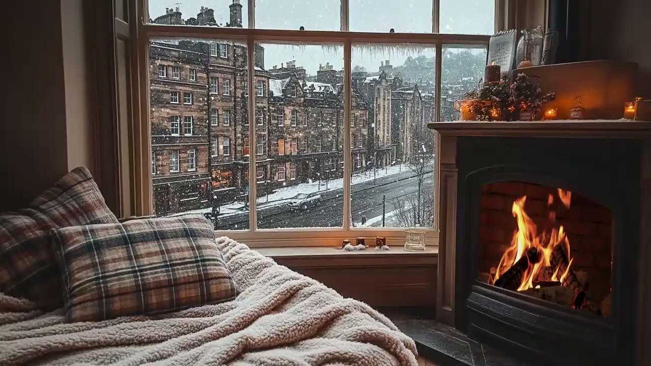 Cozy Snowy City Street View ❄️ Winter Window Ambience with Falling Snow & Crackling Fireplace