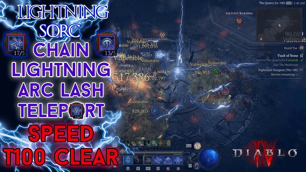 Diablo 4 - Teleport Chain Lightning Arc Lash Sorcerer Vault Tier 100 Speed Clear [Season 3]