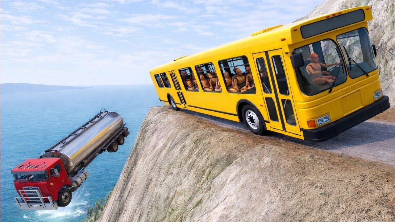 BeamNG.drive School Bus Crash Test 😱 | Dangerous Cliff Road Accident 🔥 #105