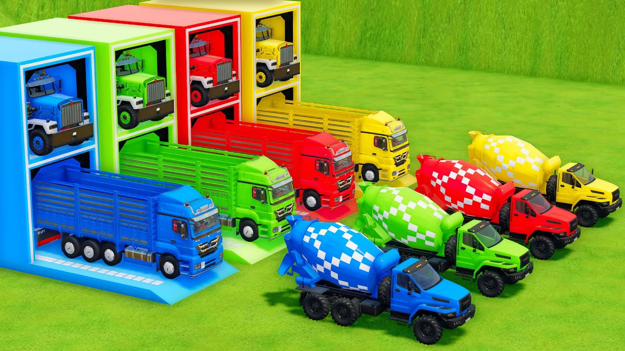 Garage with Colors - ALL MIXER TRUCK WITH DOUBLE FLATBED TRAILER TRUCK, KENWORTH, MERCEDES, URAL
