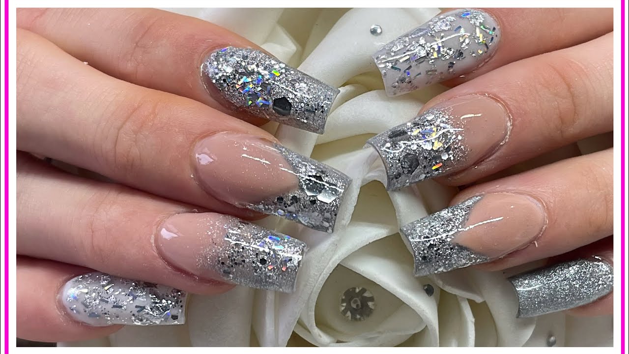 Silver Acrylic Nail Design  - Glitter Nails