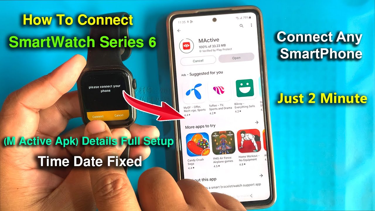 How To Connect Smart Watch Series 6,7 Your Mobile Phone (M Active Apk) Details Full Setup Time Date