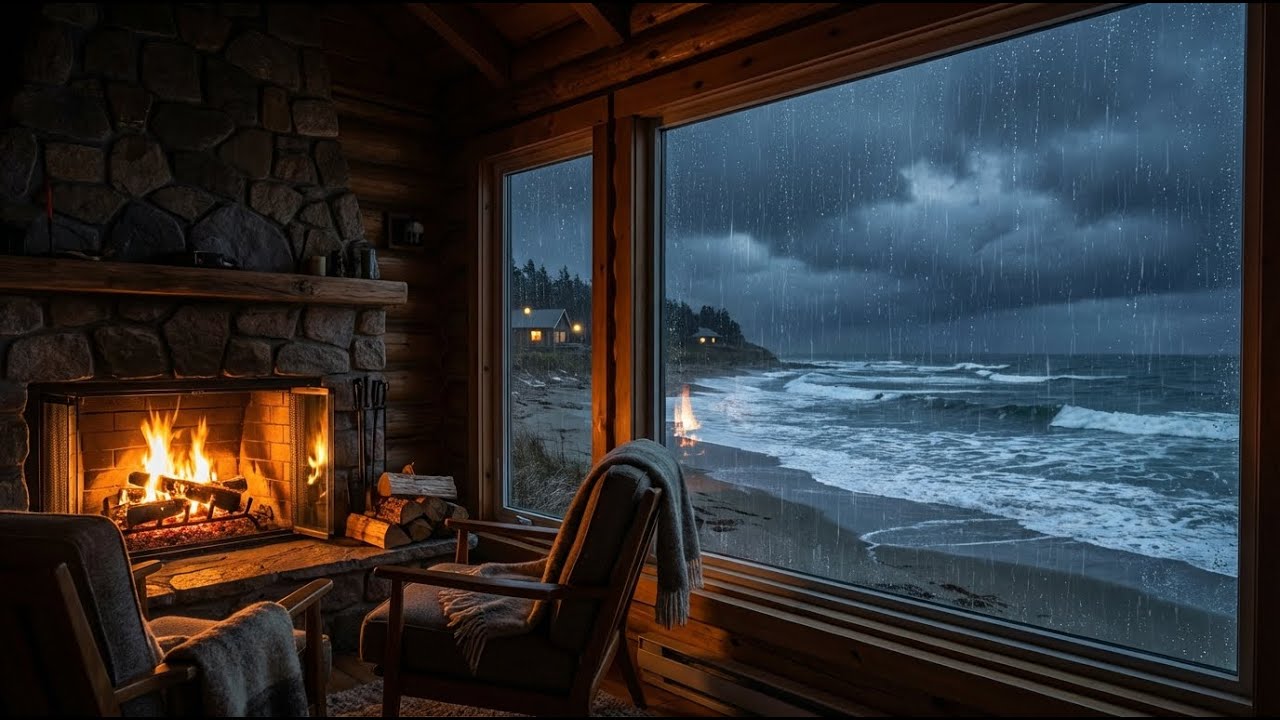 12 HOURS   Cozy Rain & Fireplace Sounds  Seaside Retreat   (No Ads) Sleep Aid