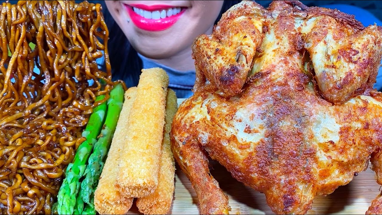 ASMR WHOLE FRIED CHICKEN, CHEESE STICKS, ASPARAGUS, BLACK BEAN NOODLES MASSIVE Eating Sounds