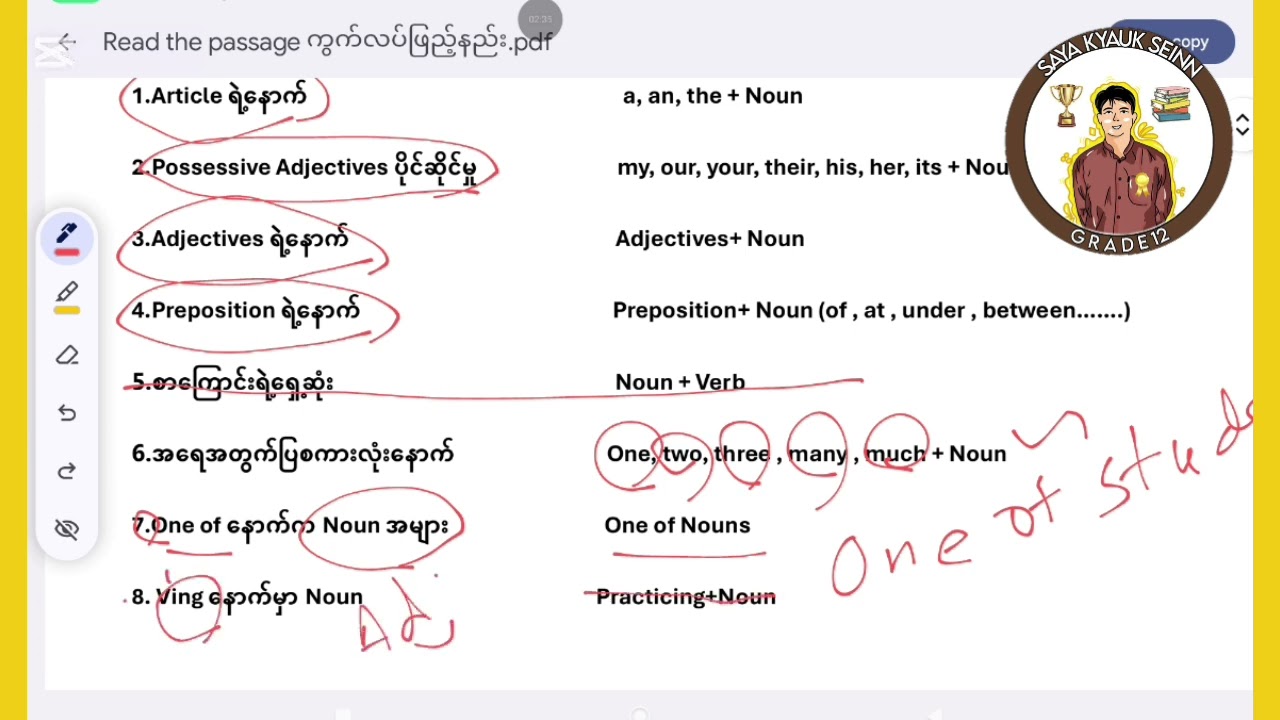 Read the passage ကွက်လပ်ဖြည့်နည်း (Noun တွေ ဘယ်နေရာမှာ ဖြည့်မလဲ) #ဆရာကျောက်စိမ်း #SAYAKYAUKSEINN
