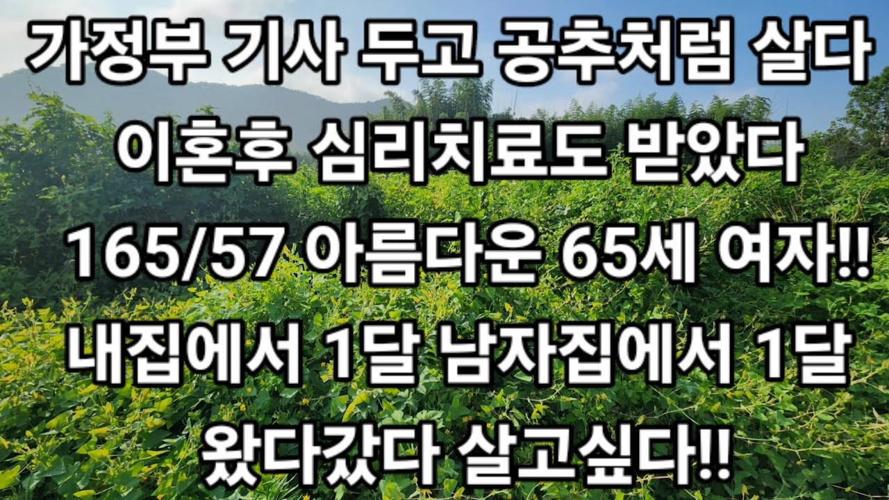 가정부 기사 두고 공추처럼 살다 이혼후 심리치료도 받았다 165/57 아름다운 65세 여자!!내집에서 1달 남자집에서 1달 왔다갔다 동거 하면서 살고싶다!!#재혼#이혼
