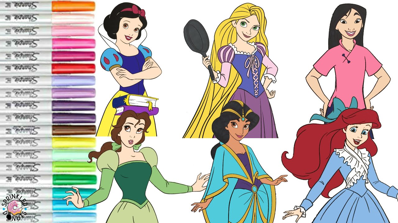 Disney Princess Coloring Book Compilation Belle Snow White Rapunzel Jasmine Mulan and Ariel