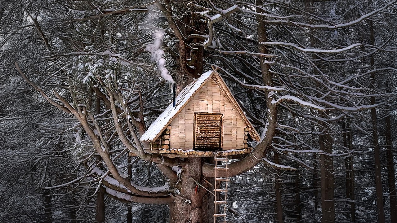 Building Cozy Bushcraft Treehouse Shelter for surviving a freezing Winter | pt.2