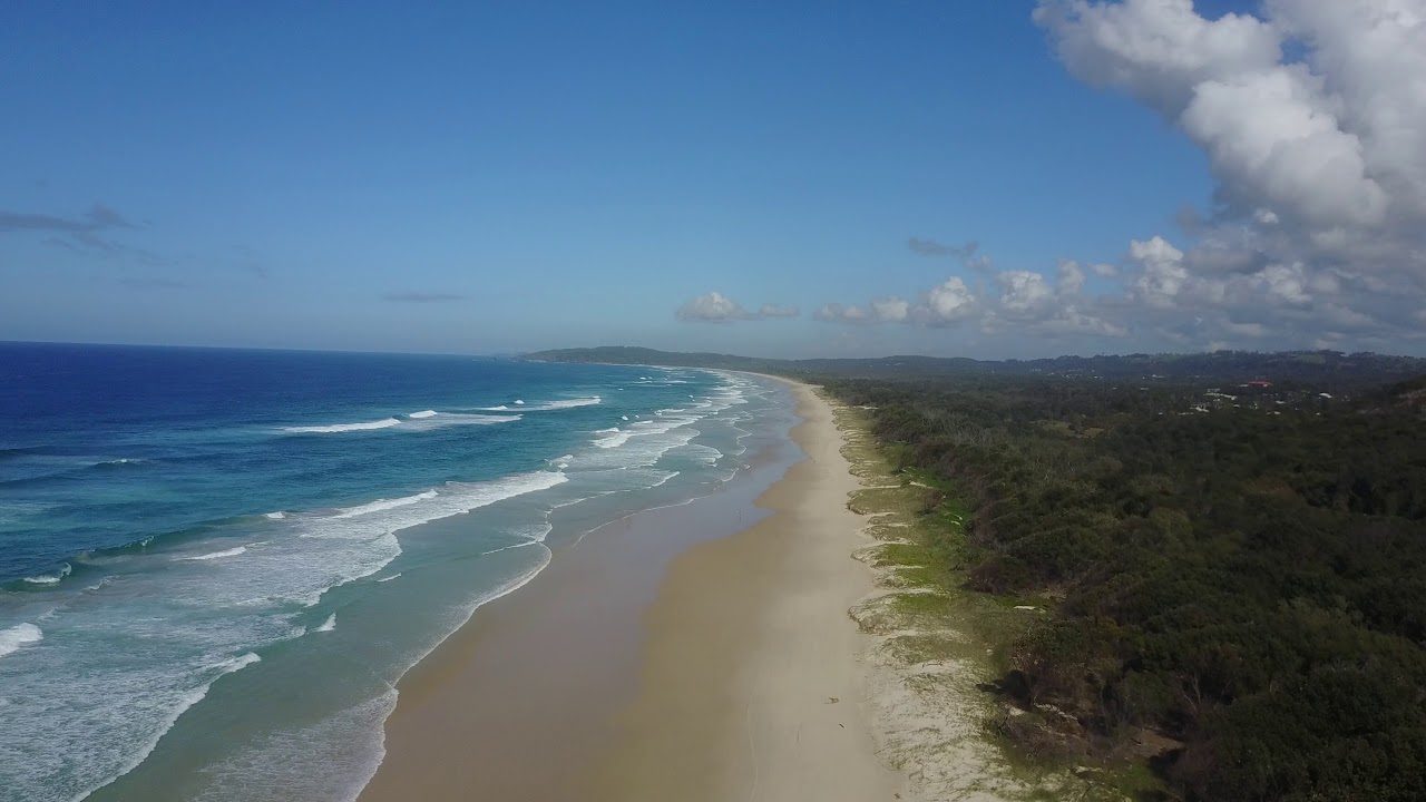 Drone flying over Tallow Beach in Byron Bay, New South Wales, Australia