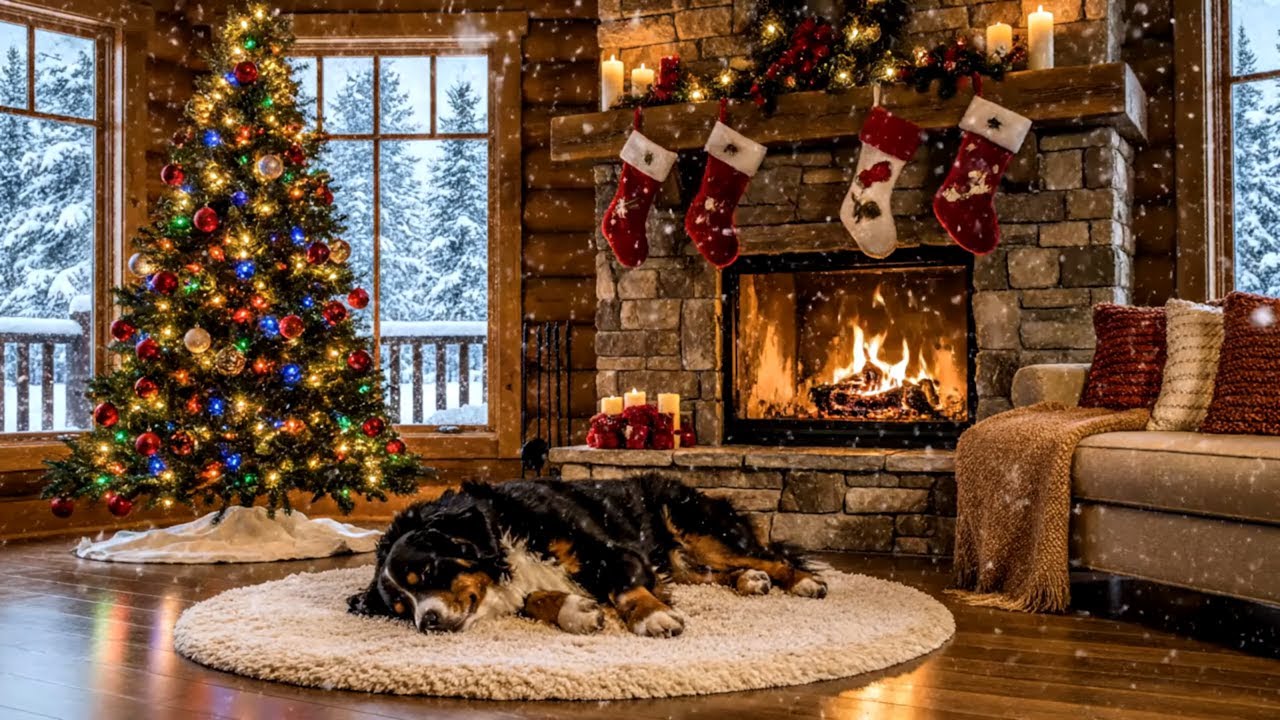 Snowy Winter Fireplace 🔥 Cozy Night Ambience for Sleep & Relax