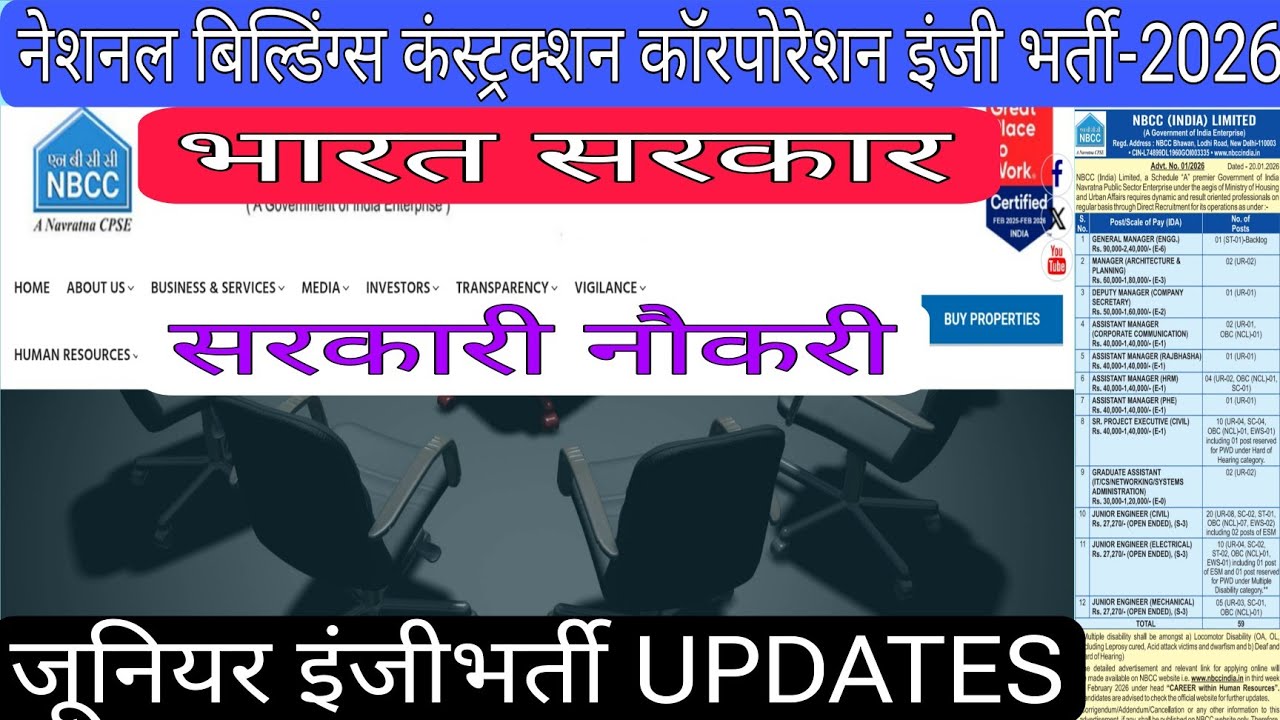 नेशनल बिल्डिंग्स कंस्ट्रक्शन कॉरपोरेशन इंजी भर्ती।NBCC JE VACANCY-2026।GOVT PSU JE CIVIL।DIPLOMA JOB