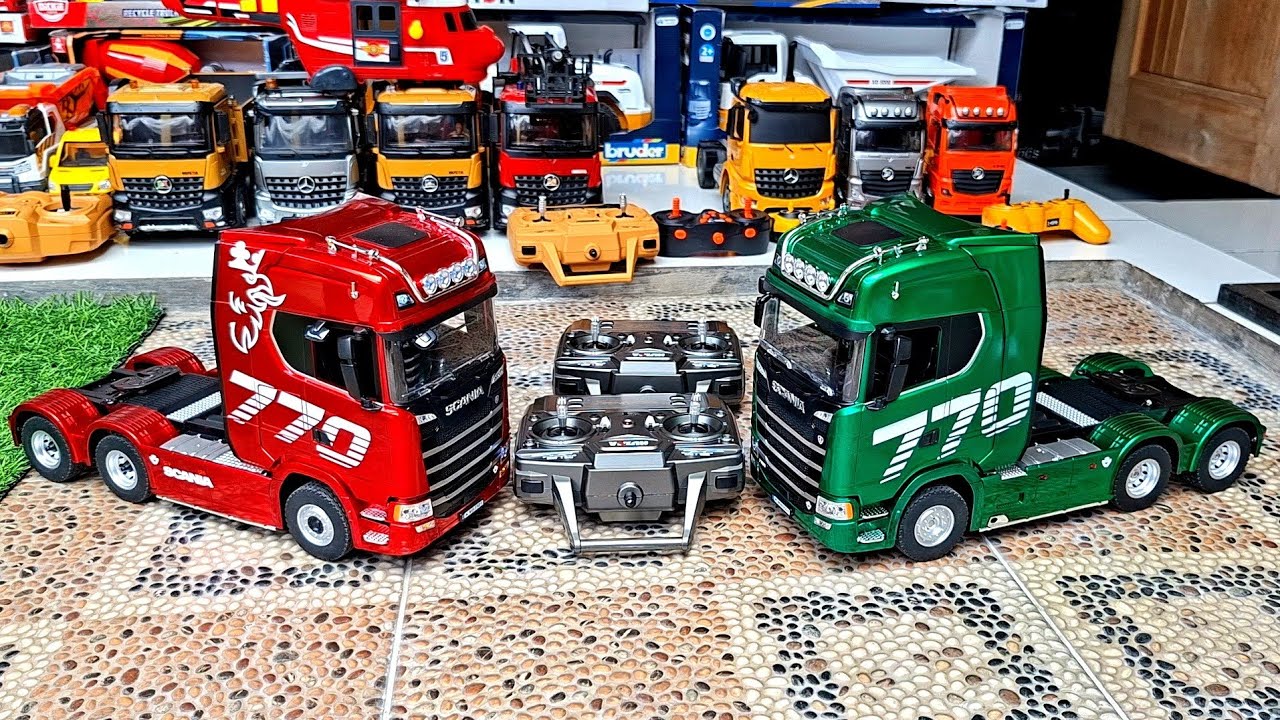 Unbixing rc mobil remot truk scania hijau