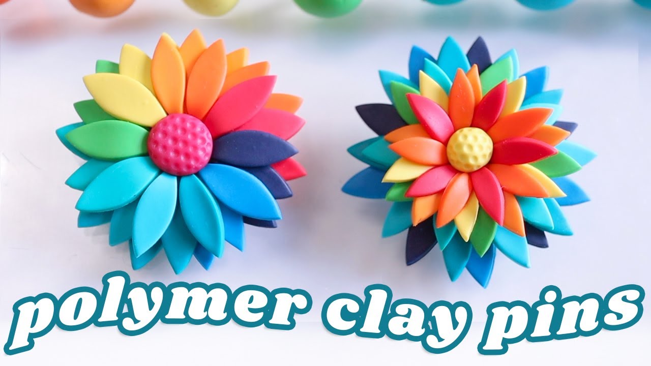 2 Quick & Easy Flower Polymer Clay Pin Tutorials | Rainbow Colours!