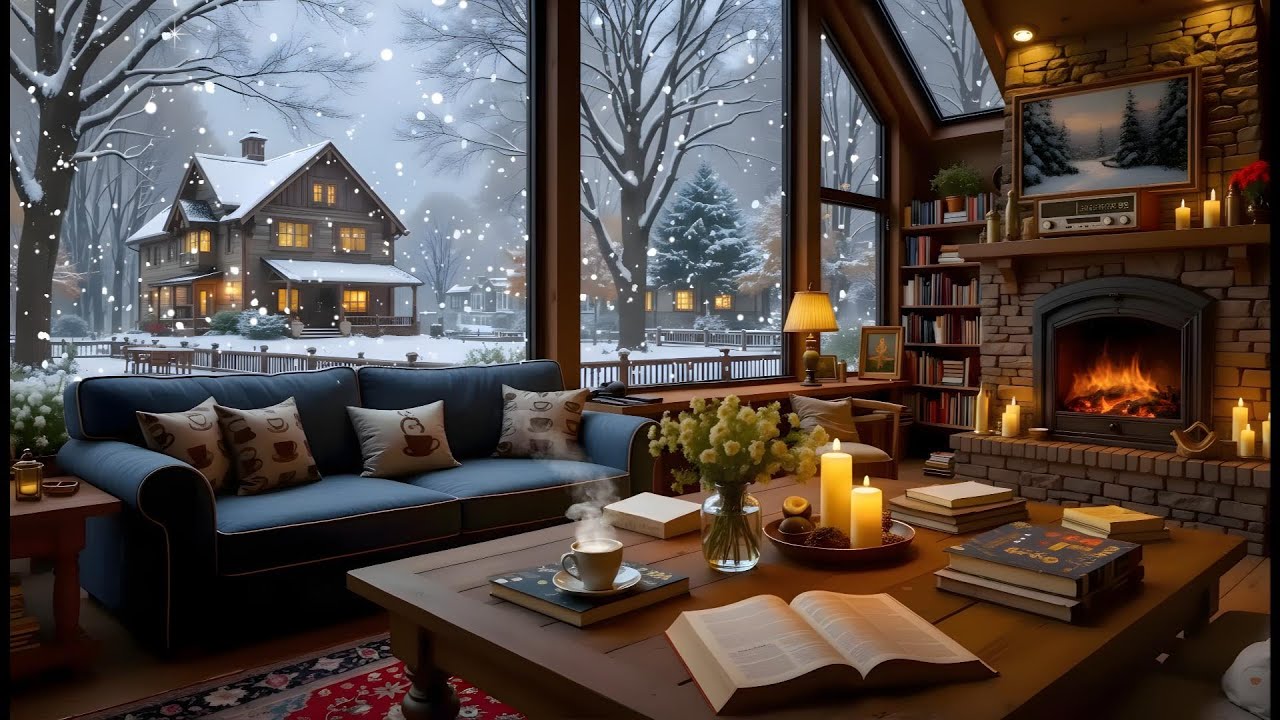 Winter Ambience ❄️ Smooth Jazz Relaxing & Fireplace Sound | Snowy Cozy Coffeehouse For Study, Work