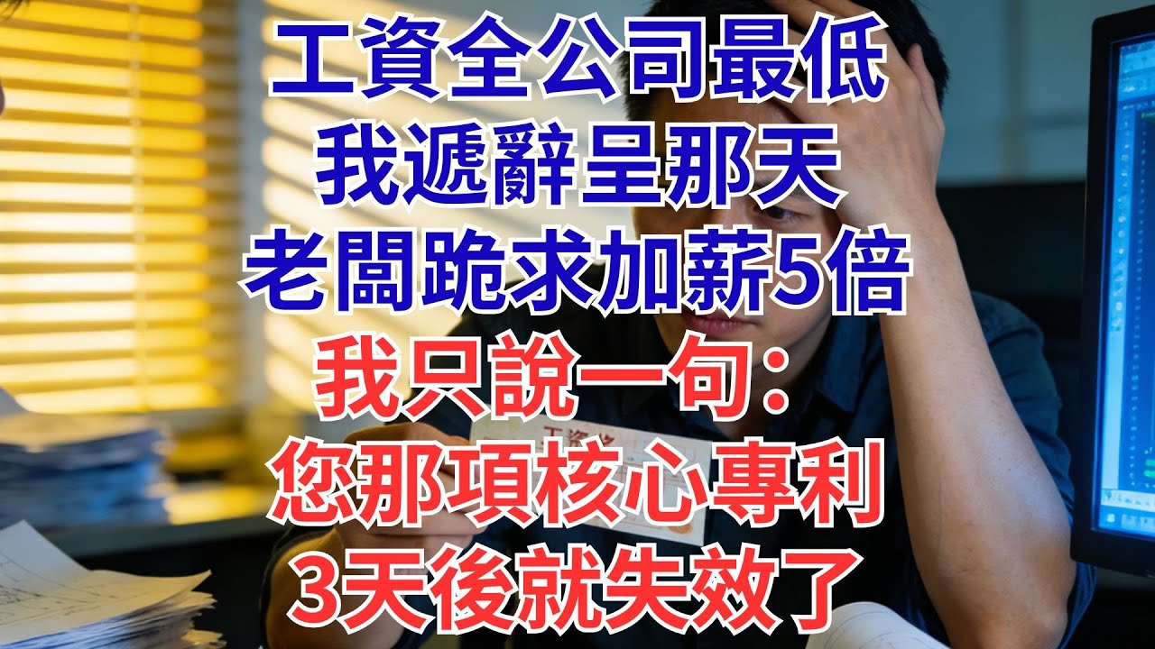 我工資全公司墊底，合同到期前我提了離職，老闆親自加薪5倍留我，我笑了笑：抱歉，您的核心技術專利，3天后到期#為人處世#生活經驗#職場#爽文