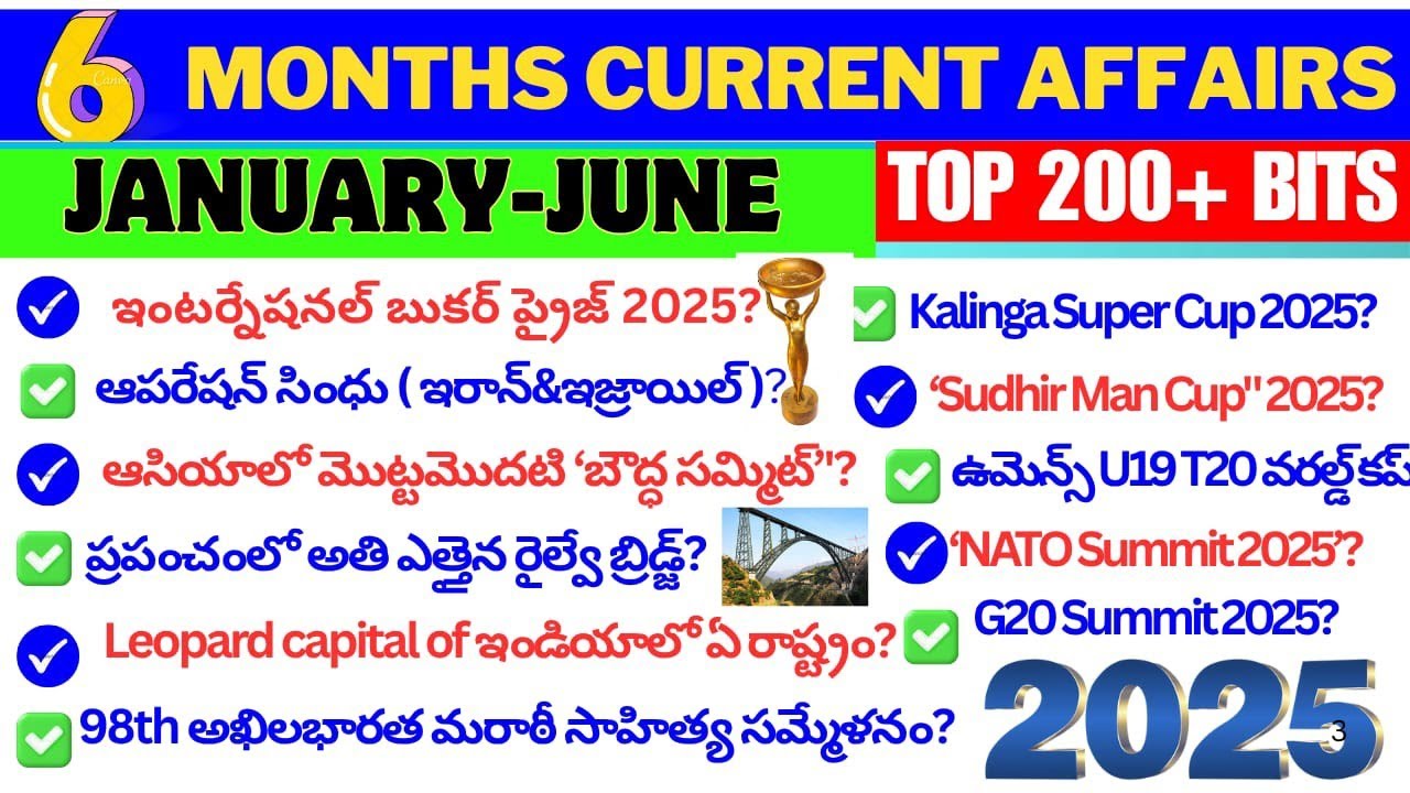 Last 6 months current affairs Telugu january to June 2025(6 నెలల కరెంట్ అఫైర్స్)