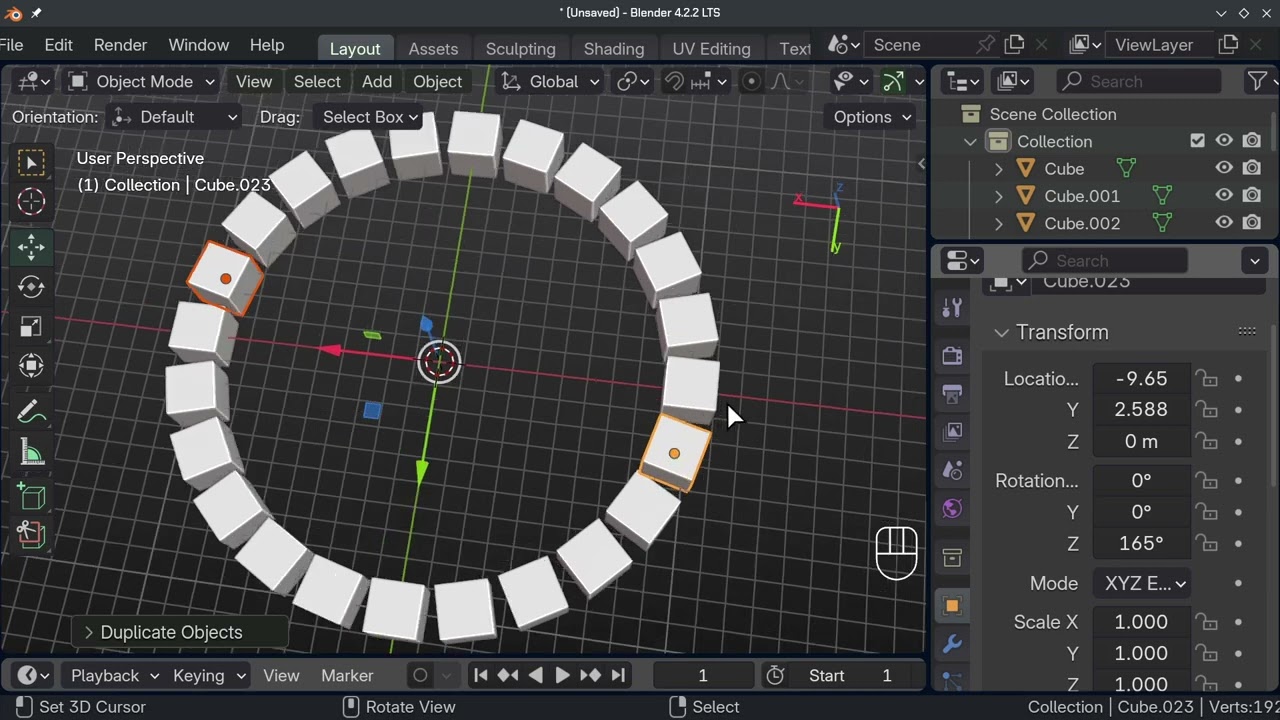 PKB:G3D, ustawianie kostek w idealnym kole - transformacje GRS, Blender 4.2.2
