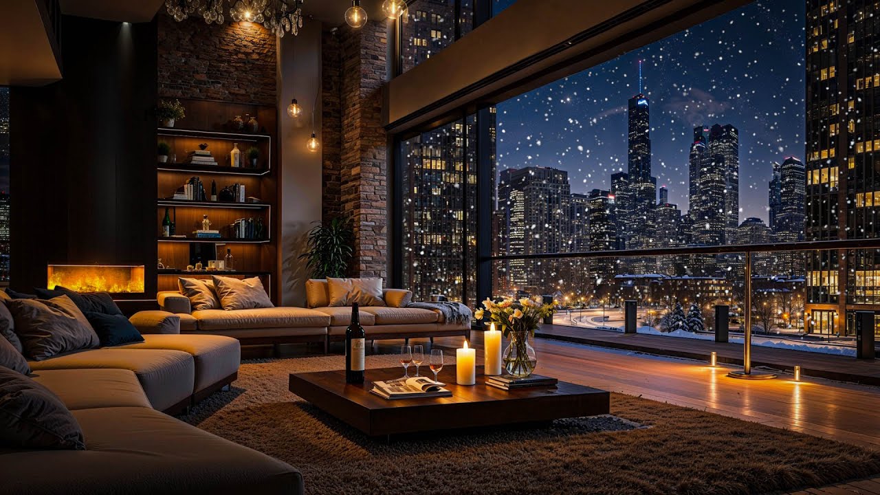 Soft Winter Jazz Piano in a Cozy Apartment 🔥 Fireplace Ambience for Sleep