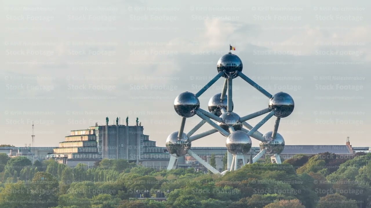 Aerial view of city skyline timelapse with the Atomium in Brussels, Belgium.