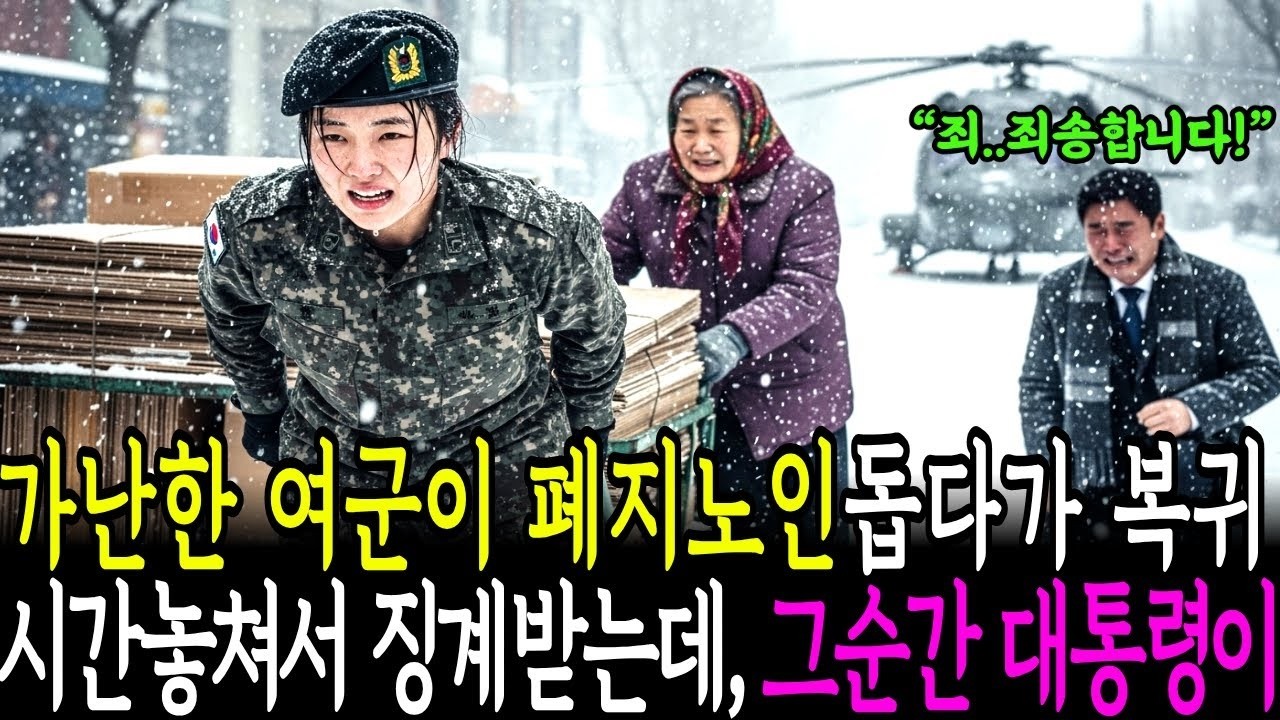 가난한여군이 폐지줍던 할머니를 돕다가 복귀시간 놓쳐 징계받았는데, 그순간 대통령이 헬기타고찾아와 무릎꿇고 오열했습니다