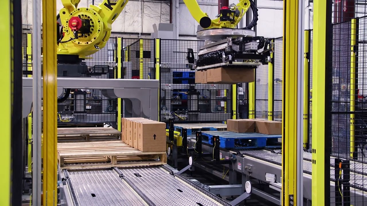 Kaufman KPal Dual Build Palletizer with Case Inverting Conveyor and Cooling Veins